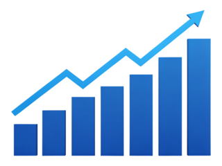 Blue bar graph with upward trending arrow on transparent background showing growth