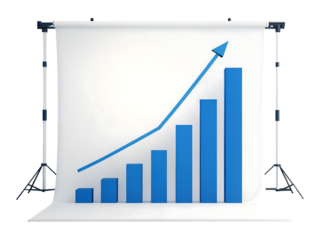 A large blue bar graph on a white roll up display screen with stands isolated on transparent background showing growth trend