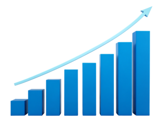Blue bar graph with upward trending light blue arrow on transparent background showing growth