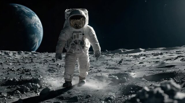 Lunar Explorer: An astronaut makes history, walking upon the moon's surface, a testament to human courage, discovery and the vastness of space.
