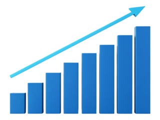 Blue bar graph with upward trend arrow on transparent background showing growth