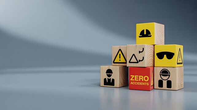 Safety first symbols, work safety, caution work hazards, danger surveillance, zero accident concept. Wooden cubes with smart grey background. Employees safety awareness at workplace. Safety banner.