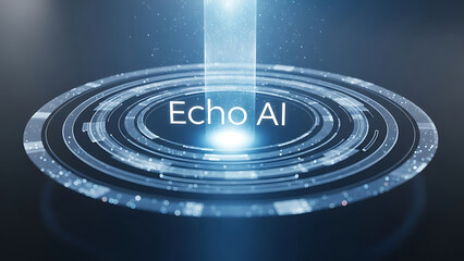 Futuristic holographic AI assistant 3D interface labeled Echo AI with glowing circular data rings and central light beam.
