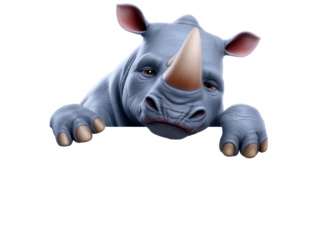Cartoon rhino peeking over black edge with front paws
