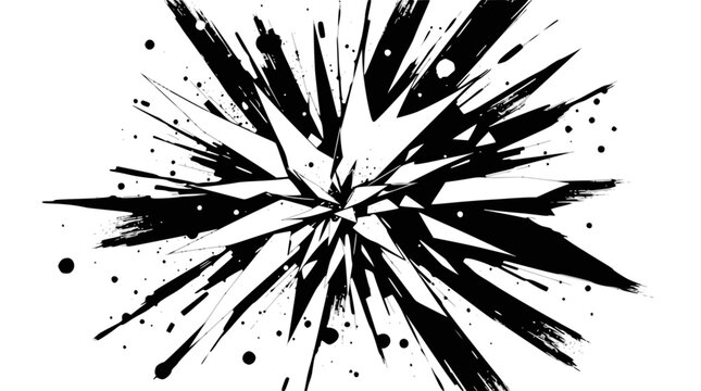 Abstract black and white explosion with sharp lines and ink splatters on a white background.