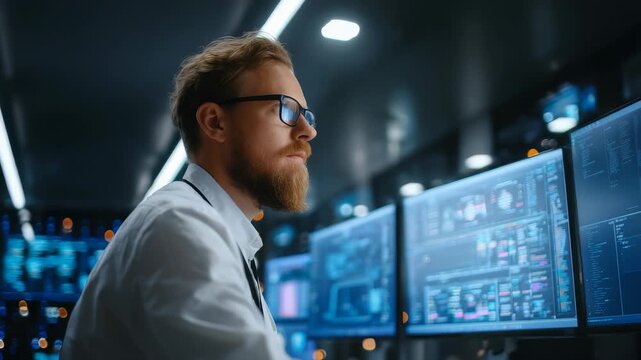 Focused cybersecurity analyst monitors multiple data streams on high tech computer screens in a modern control center. He analyzes digital threats and network activity with advanced software tools