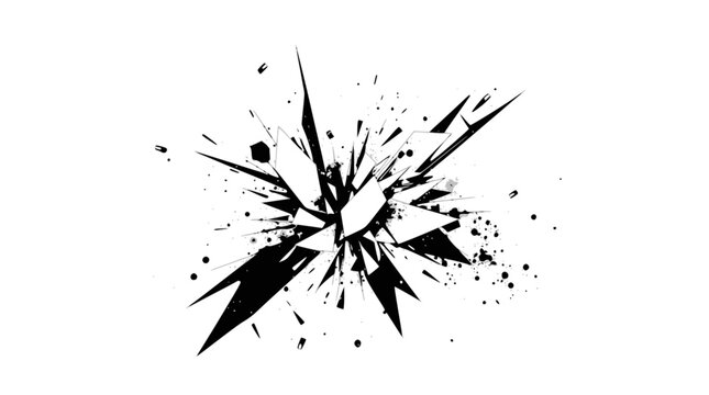 Abstract black and white graphic depicting a dynamic explosion or shattering effect with sharp fragments and splatters.