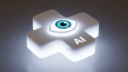Futuristic glowing ai symbol with an omniscient eye representing a holographic ai assistant 3d interface