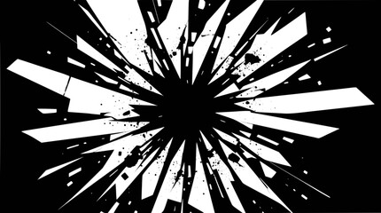 Obraz premium Abstract black and white shattered glass explosion effect with sharp fragments and splatters.
