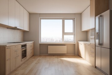 Modern kitchen with natural light and wooden cabinets offers ample storage.