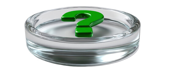 Glass bowl with green question mark sculpture on display