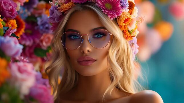 beautiful flower power woman with sunglasses, flower power woman wearing cool sunglasses, stylish boho woman with floral vibes