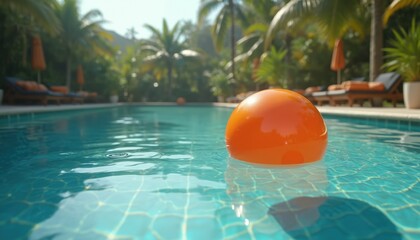 Orange sphere floats in blue pool water. Tropical resort with palms, sunbeds. Summer relax at luxury spa hotel for vacation travel escape. Azure pool reflects sky.