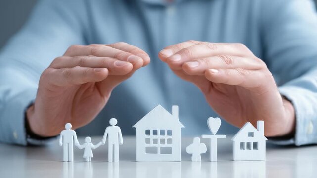 Hands gently protect paper cutouts symbolizing family, home, and health, representing security and care. Conceptual image highlights insurance, safety, and well being in modern life