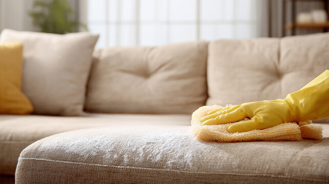 Wiping the sofa with dust cloth closeup. Professional cleaning service. Clean a stain from the coutch,dirty sofa wearing cleaning gloves. Bright light interior