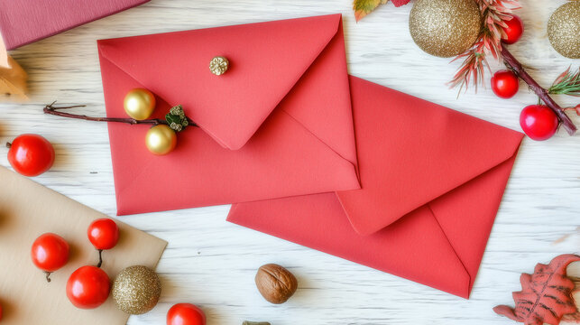 Red envelopes used during Chinese New Year as a symbol of luck, prosperity, and good fortune. Traditional festive gift given during Lunar New Year celebrations, representing wealth, blessings, and cul