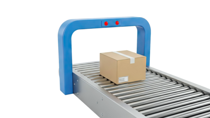 Cardboard Box on Conveyor Belt Under Blue Scanner Arch