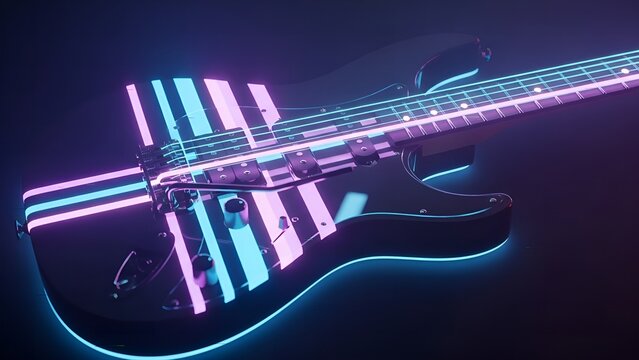 Neon Lighted Electric Bass Guitar with Glowing Lines Music Instrument - Powered by Adobe