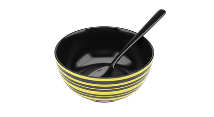 Black ceramic bowl with yellow stripes and spoon isolated on transparent background