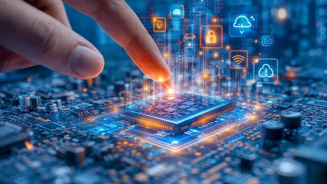 Human finger interacting with advanced computer chip on circuit board displaying artificial intelligence processing power and smart technology control