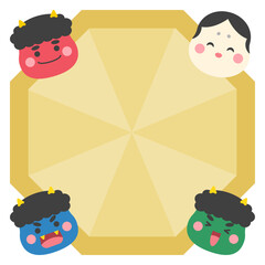 節分のイラスト素材、和風デザインの鬼とお多福の八角形フレームイラスト