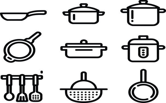 El conjunto de iconos de utensilios y bater&iacute;as de cocina incluye varias sartenes, ollas, una olla de cocci&oacute;n lenta, un colador y una rejilla montada en la pared con una esp&aacute;tula y una cuchara, todo el