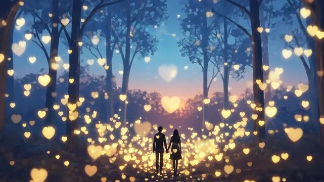 Couple walking towards illuminated heart shaped lights in a forest