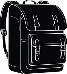 Obraz premium Black and white vintage backpack vector illustration with classic buckle straps and pockets in high contrast silhouette style for outdoor travel and school icon