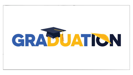 A vibrant graphic illustration of the word 'GRADUATION' featuring academic symbols integrated into the lettering, celebrating educational milestones