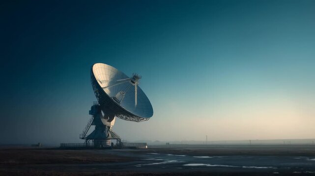 Large satellite dish antenna stands alone in vast open landscape under clear blue sky, symbolizing advanced technology, global communication. Early morning light creates serene, futuristic atmosphere