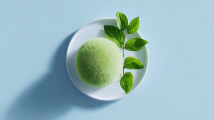 Minimalist Green Fluffy Sphere and Plant on Blue Background