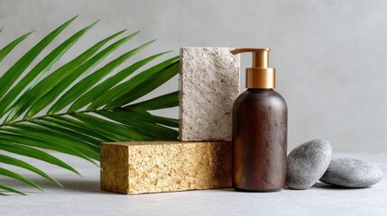 Natural Skincare Product with Tropical Leaf and Stone Elements