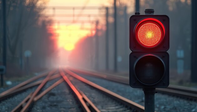 Red railway signal light shines bright, indicating stop for trains. Tracks curve into blurred background with warm sunset glow. Represents caution, control, rail safety, preventing accidents, delays