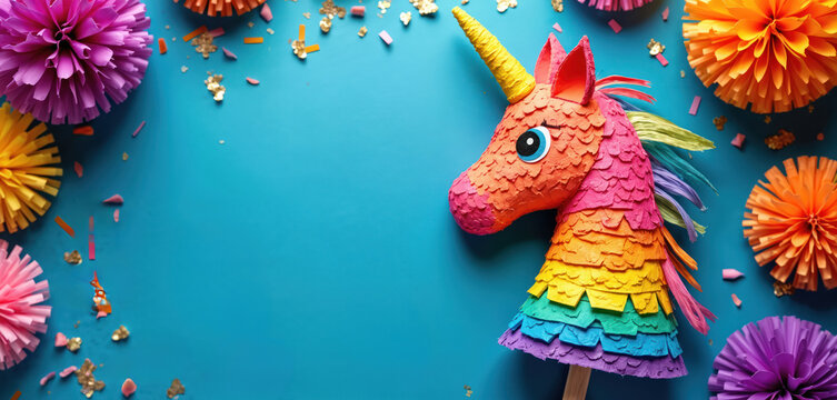 Rainbow unicorn pinata rests against bright blue backdrop with festive paper pom poms, scattered confetti. Colorful body features layered tissue paper, golden horn ready for party fun. Celebration