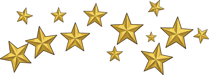 Scatter of golden star vector illustrations in various sizes with shiny metallic texture for luxury celebration background awards and festive decorative design elements