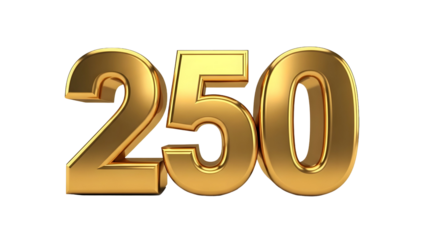 Golden 3D Number 250 – Luxury Anniversary and Celebration Illustration, Transparent Background png