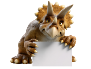 Cartoon triceratops holding blank sign with curious expression