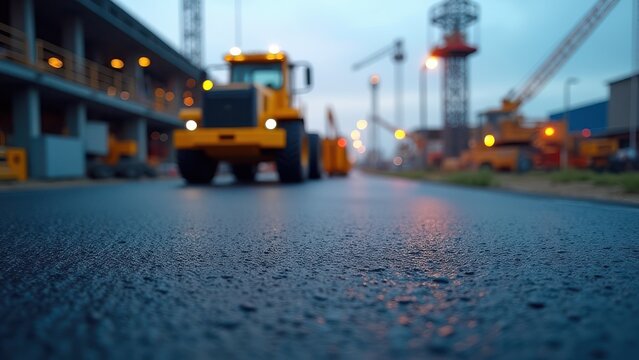 photo of asphalt platform for equipment with construction site in background industrial scene with blue and orange tones textured ground and heavy machinery area 