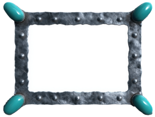 Ornate metal frame with turquoise accents and rivets