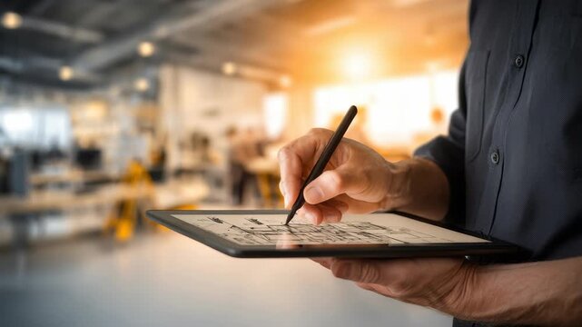 Architect using digital tablet with stylus to design building plans in modern open office at sunset. Innovative technology streamlines architectural workflow and enhances creative productivity