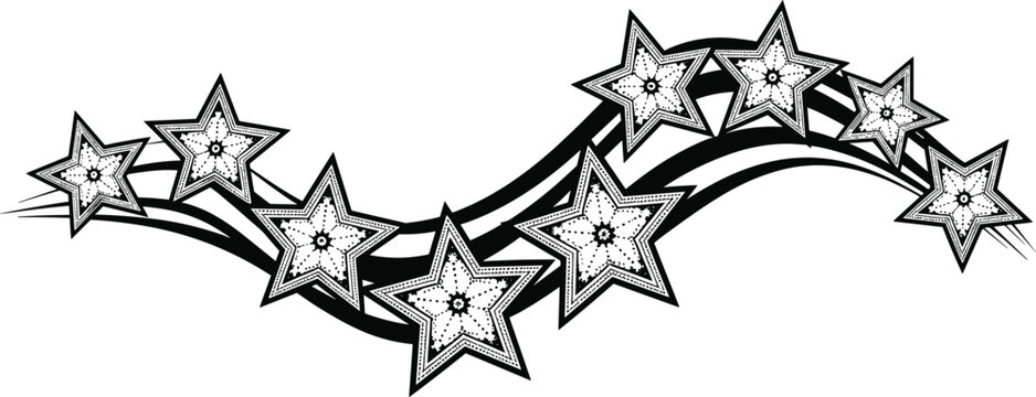 Black and white star ornament vector illustration with curved tribal lines and celestial decorative elements for tattoo design car decals and border decoration
