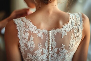 Back of bride in delicate floral lace gown with a row of covered buttons, bare shoulders and soft warm light conveying intimate elegant anticipation