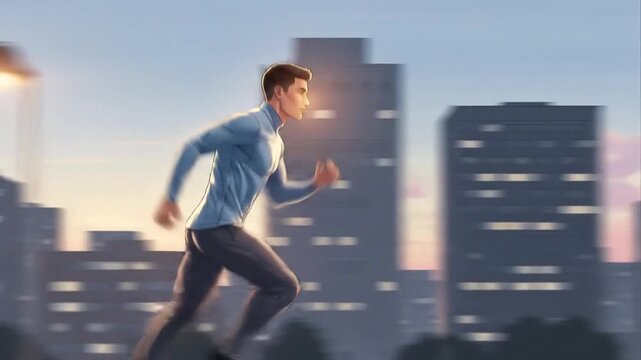Runner in athletic attire with cityscape background training outdoors