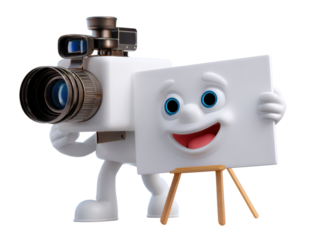 Cheerful cartoon camera with smiling face and blank canvas