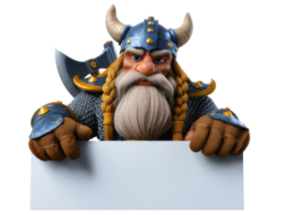 Viking warrior with helmet and axe holding blank sign