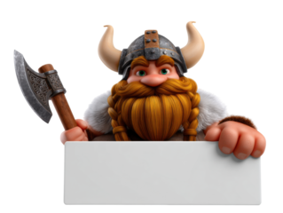 Viking warrior with horned helmet and axe holding blank sign