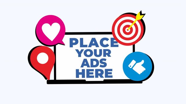 Laptop with text place your ads here and social media icons surrounding. Perfect for marketing and advertising concepts on social media platforms.