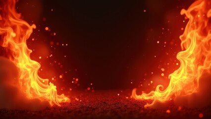 fiery abstract background with glowing red orange flames bursting from corners forming natural frame flying sparks and subtle smoke effects dramatic fire composition with dark center 