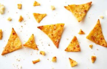 Closeup of crispy corn tortilla nachos chips with crumbs isolated on white. Mexican snack background. Golden triangles texture. Fast food concept. Diet and unhealthy eating. Perfect for menu.