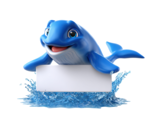 Smiling blue dolphin emerging from water holding blank sign